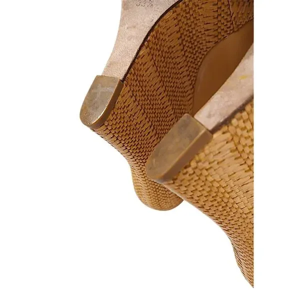 Gucci Patent Leather Strafish Raffia Wedge Slingback Sz 39.5 Tan Beige Vernice